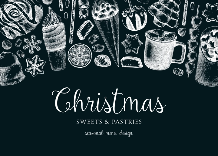 Christmas food background. Christmas market design template. Hand-drawn vector illustration. Hot drinks, candies, cookies, pastries sketches. Winter holiday menu banner on chalkboard
